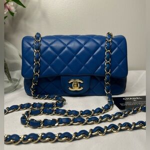 CHANEL Classic Mini Rectangular Flap Bag Quilted Lambskin Blue / Gold